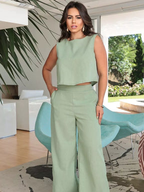 Cojunto Julia® - Conjunto Alfaiataria Social Calça e Blusa em Linho
