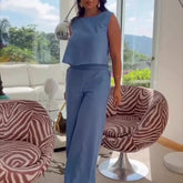 Cojunto Julia® - Conjunto Alfaiataria Social Calça e Blusa em Linho